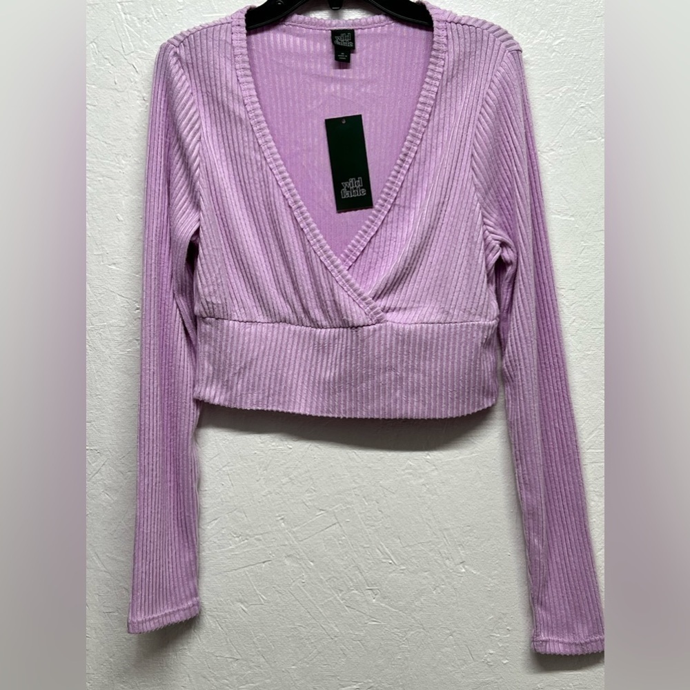 𝅺WILD Fable - Cropped Rib Knit Long Sleeve V-Neck Top